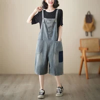 plus Size Denim Overalls Women's Summer New Sle High Waist ort Jeans Straight Leg Color Blo Five-Quarter Pants - Image 4