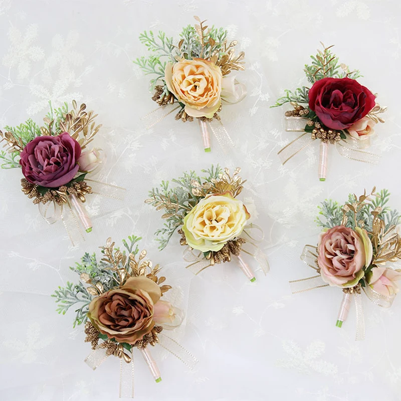 

Artificial Flowers Buttonhole Wedding Groom Boutonniere Corsage Bracelet Bridesmaid Silk Flowers Brooch Marriage Pins