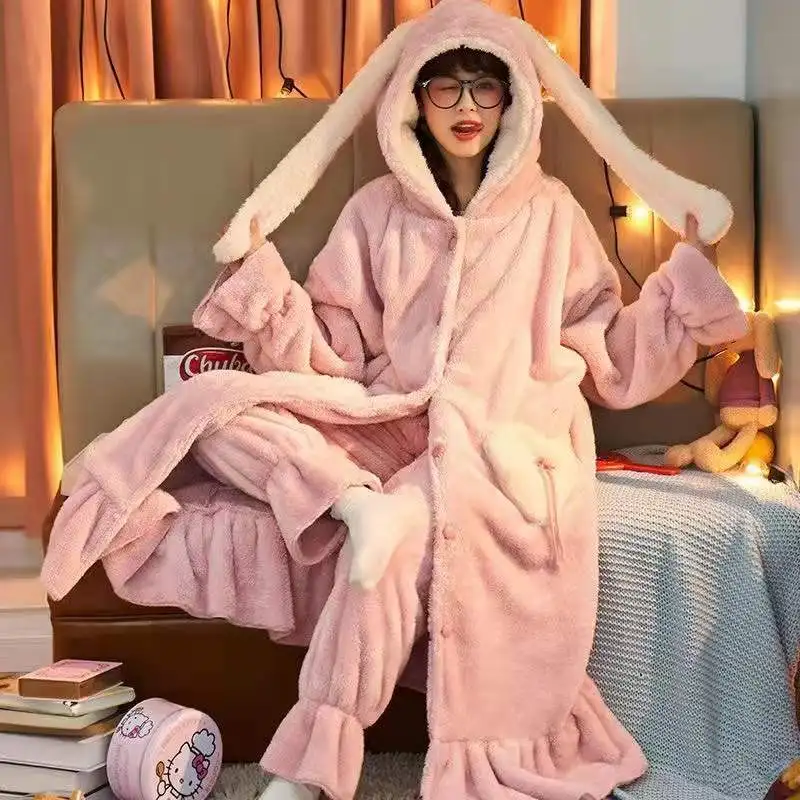 여성용 겨울 플란넬 잠옷 세트 귀여운 토끼 귀 후드 라운드넥 수면복 편안한 홈..