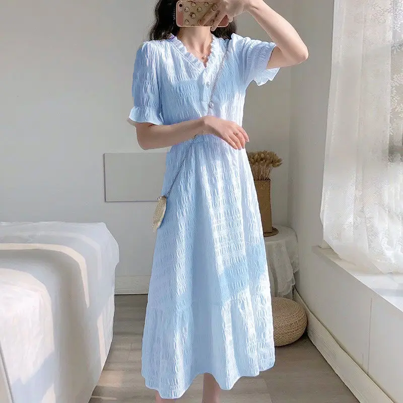 

Fashion V-Neck Ruffles Folds Butterfly Sleeve Princess Dress Female Clothing 2024 Summer New Loose Sweet Short Sleeve Midi Dress