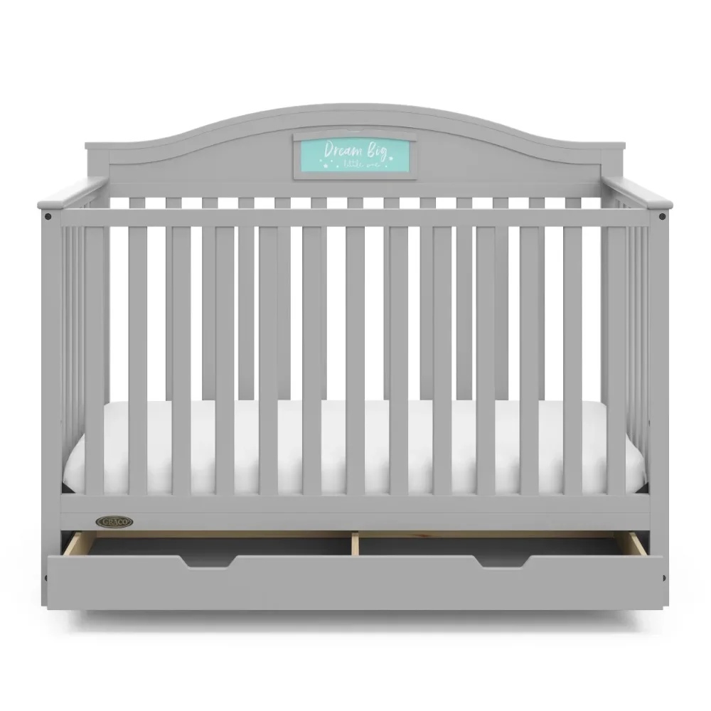 5-in-1 Convertible Baby Crib with Drawer and Reversible Headboard, Pebble Gray 4