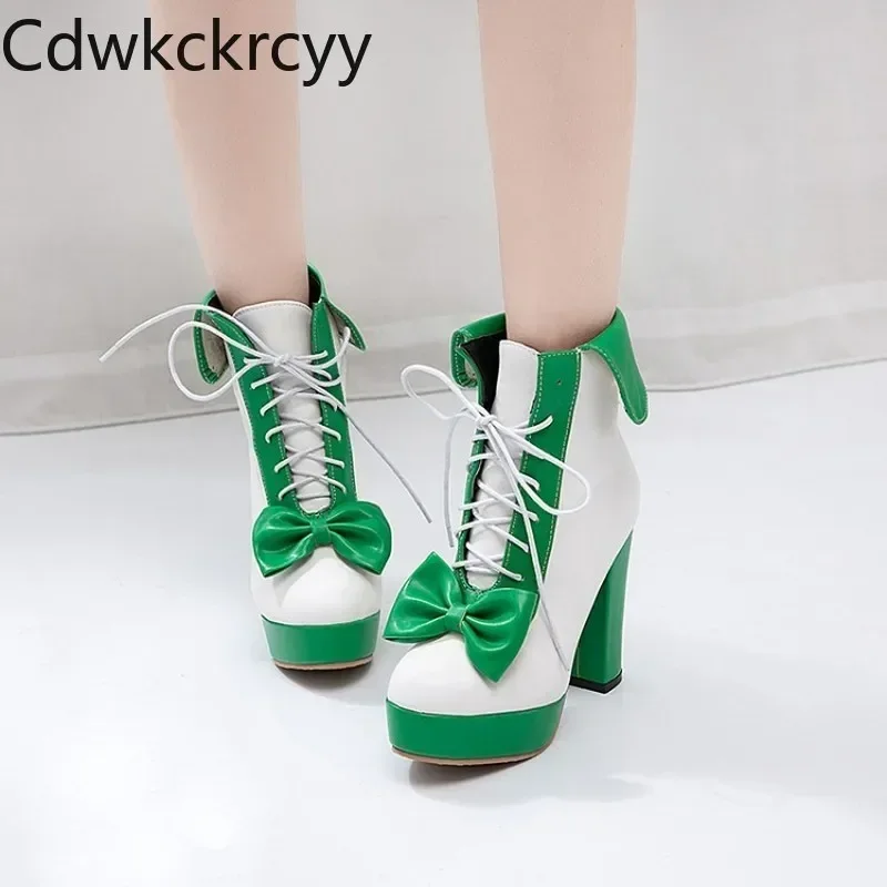 

winter The New fashion Round head Thick heel 12CM short Boots Pink sweet Bow Plus velvet Keep warm High heel Women boots 34-48