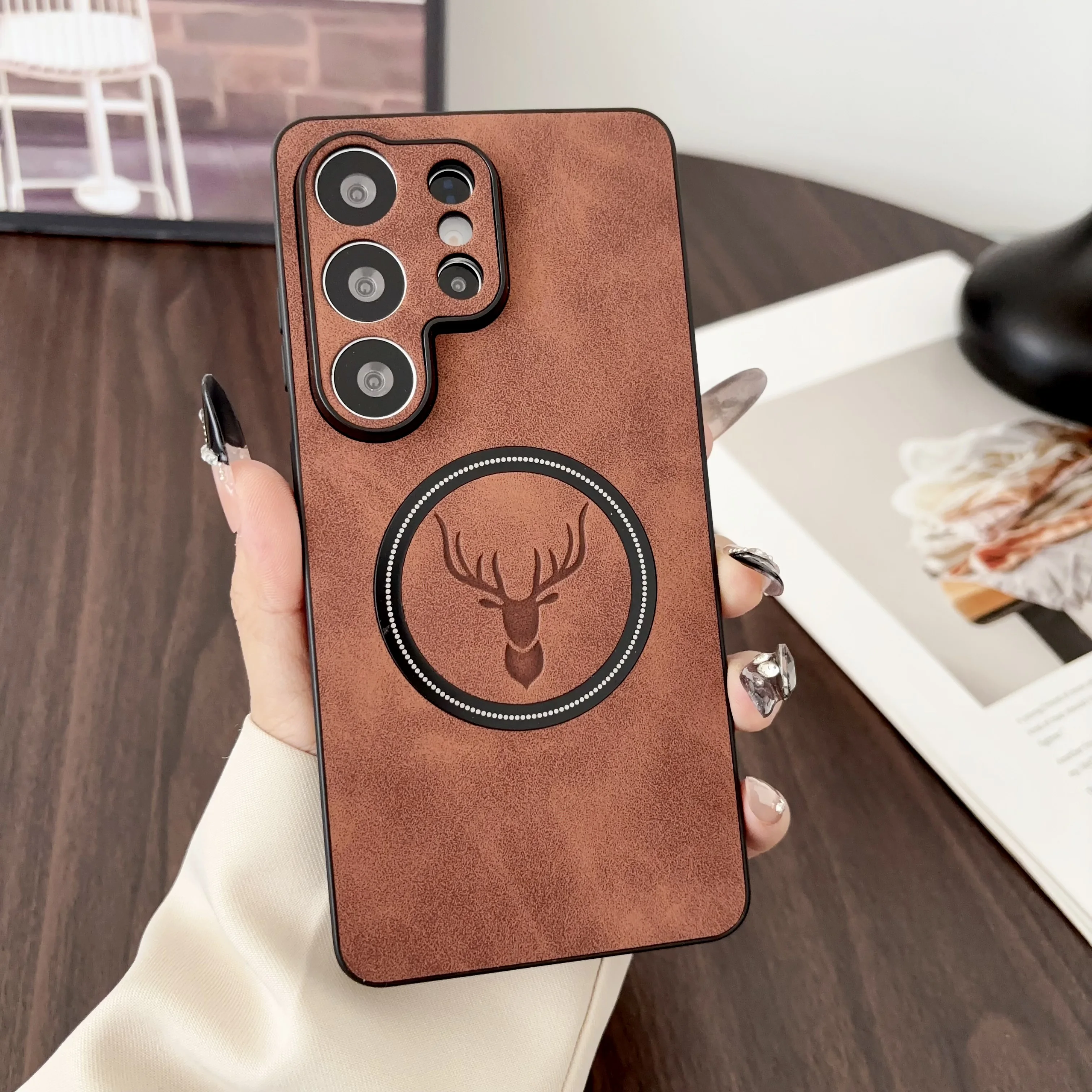 Luxury PU Leather Cartoon Deer Case with MagSafe Wireless Charging Support