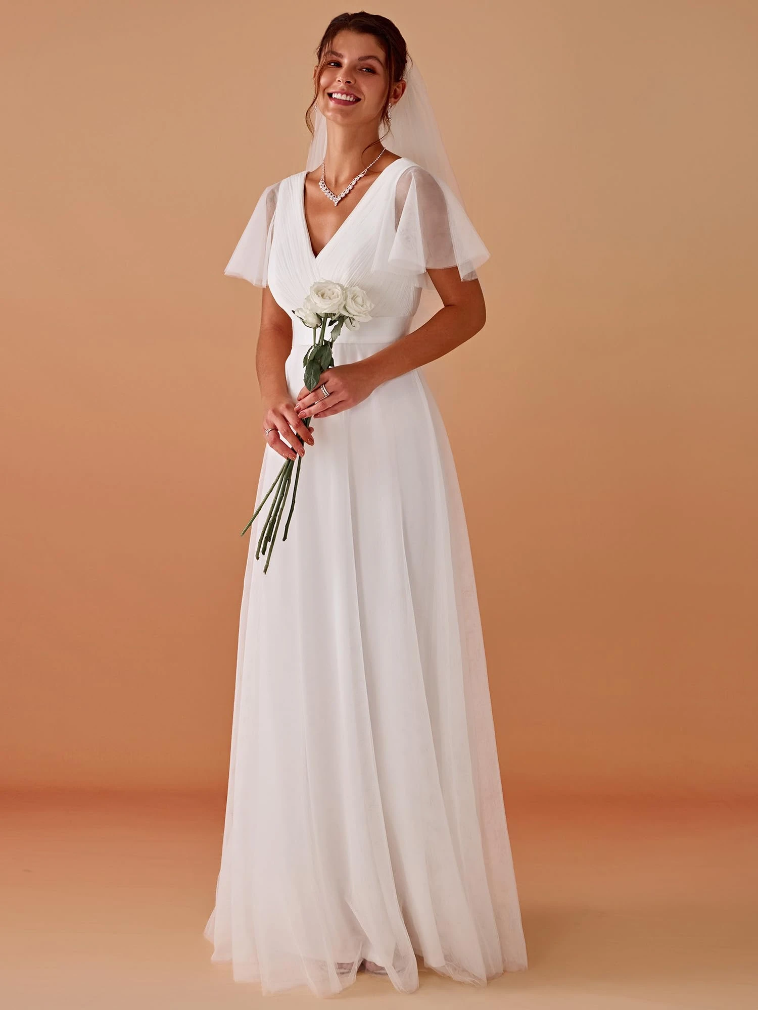 MisShow Elegant Wedding Dresses Ivory White Sexy V-Neck Backless Sheer Short Sleeve Bridal Gowns A-Line Maxi Womens Party Dress 3