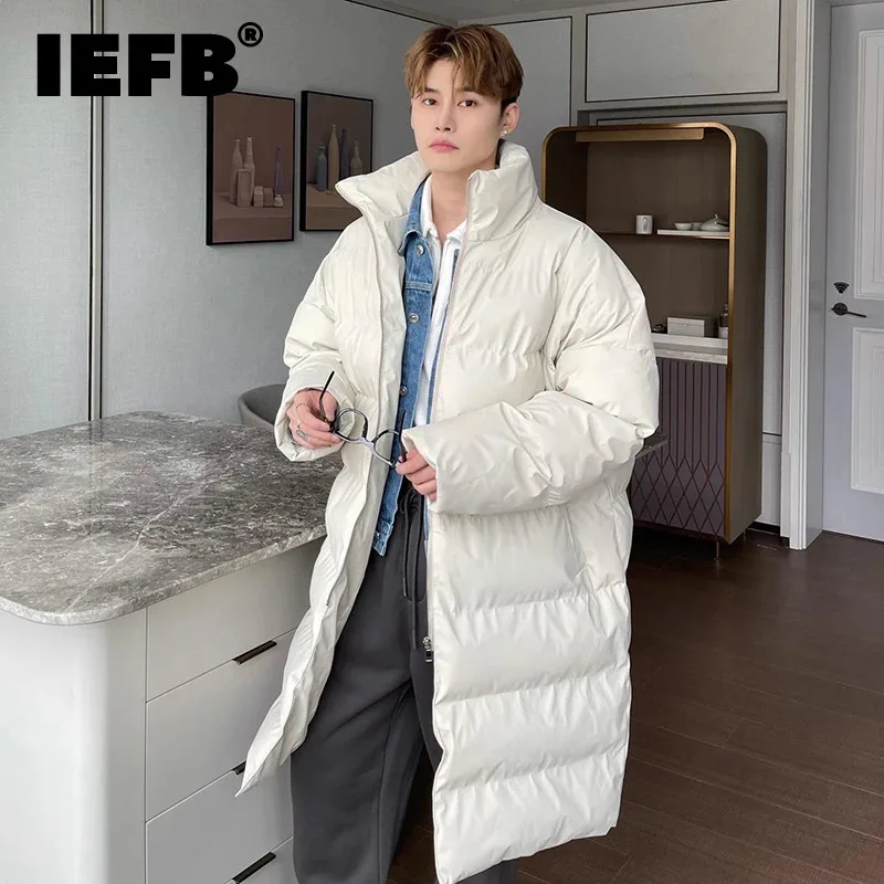 

IEFB Winter Men's Fashion Cotton Coat Long Knee Length Standing Collar Padded Jackets Solid Color Loose Oversize Tops 9C3320