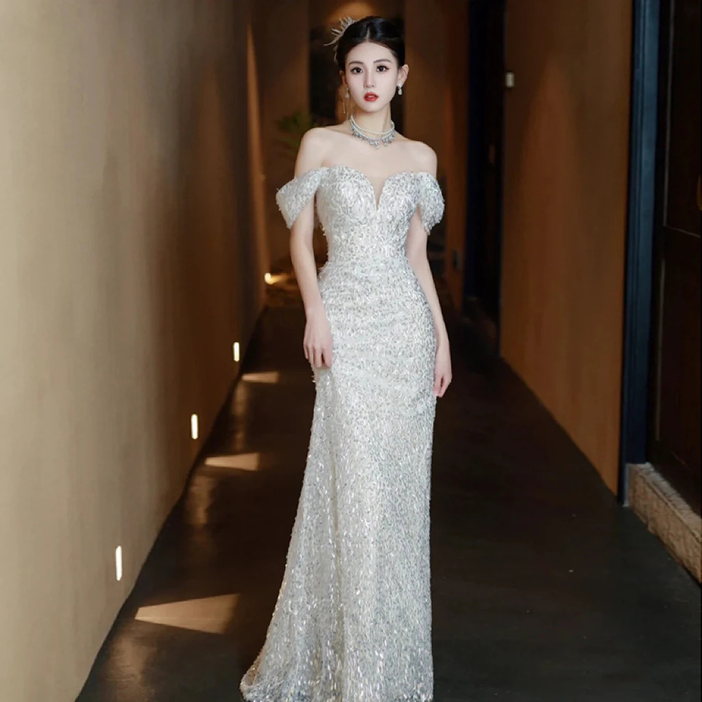 

Exquisite Beading Evening Dress Off White Sequins Boat Neck Vintage Off The Shoulder Bridal Wedding Party Gown French Style 2024