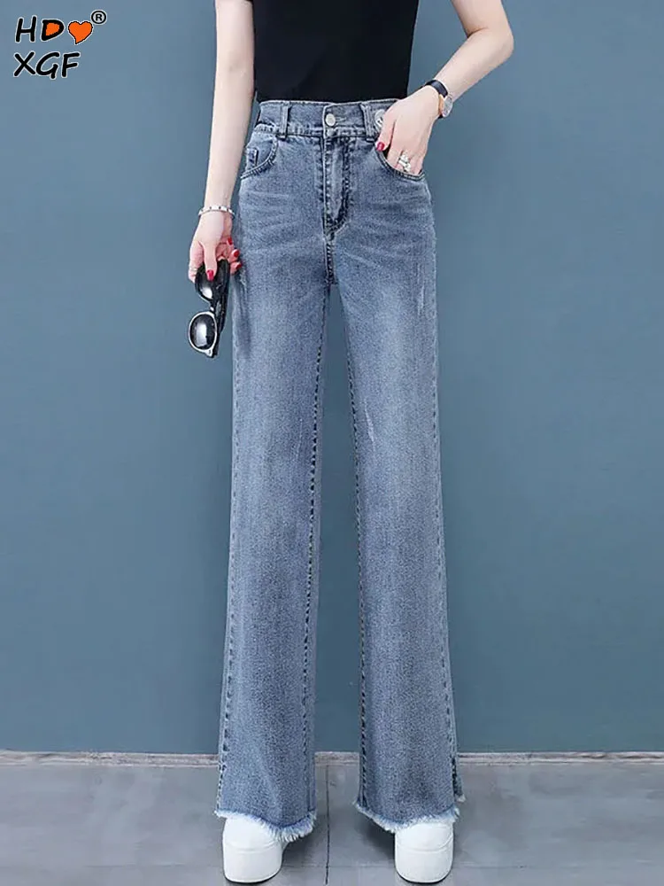 

Classic Plus Size 4xl Rough-edged Wide Leg Jeans For Women Spring Autumn Button High Waist Denim Trousers Casual All-match Pants