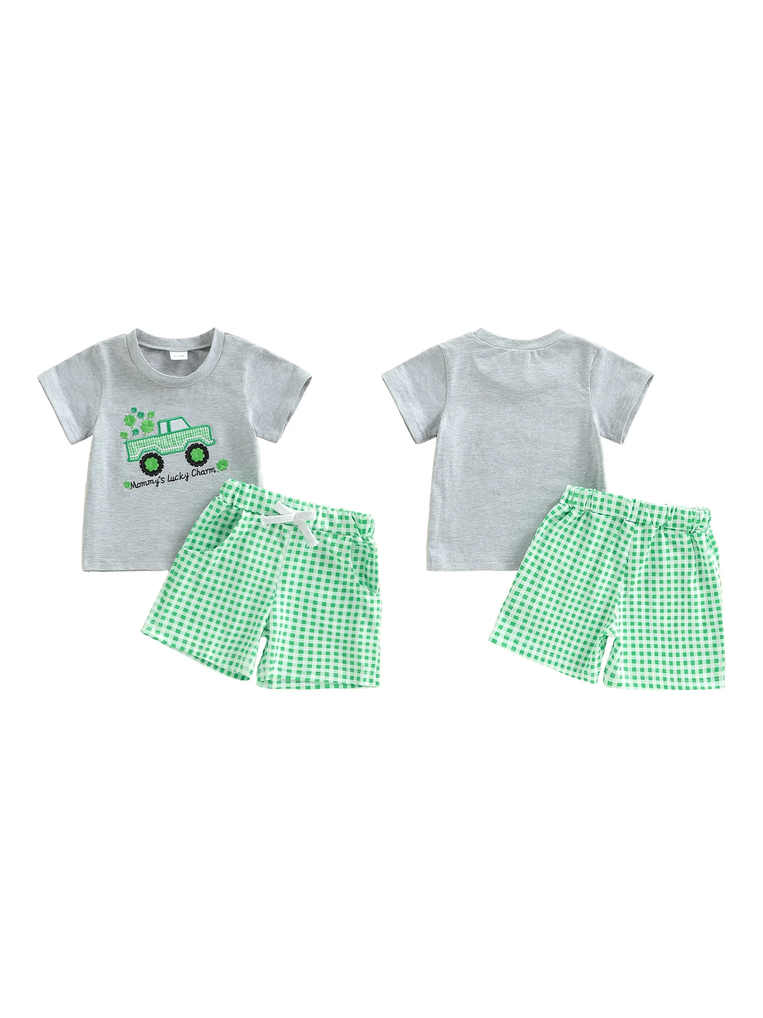Boys St Patrick s Day Outfit Set with Short Sleeve Truck Embroidery Top and Plaid Shorts for Irish Celebration