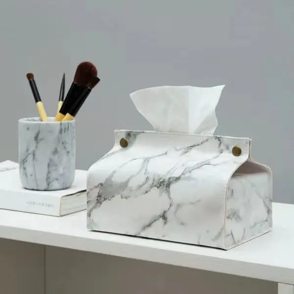 Tissue Case Box Container PU Leather Marble Pattern Napkin Holder Tissue Box Papers Bag Cosmetic Case Pouch Organizer Tissue Dispenser Tissue Box Napkin Holder
