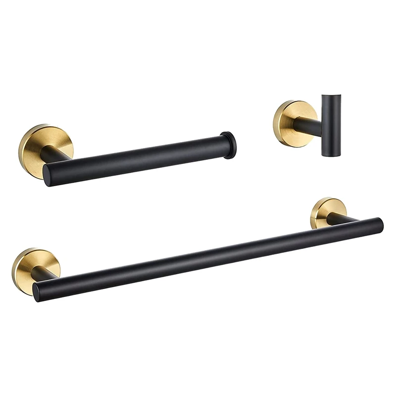 Bathroom Hardware Set Black Robe Hook Gold Towel Rail Bar Rack Bar Ring