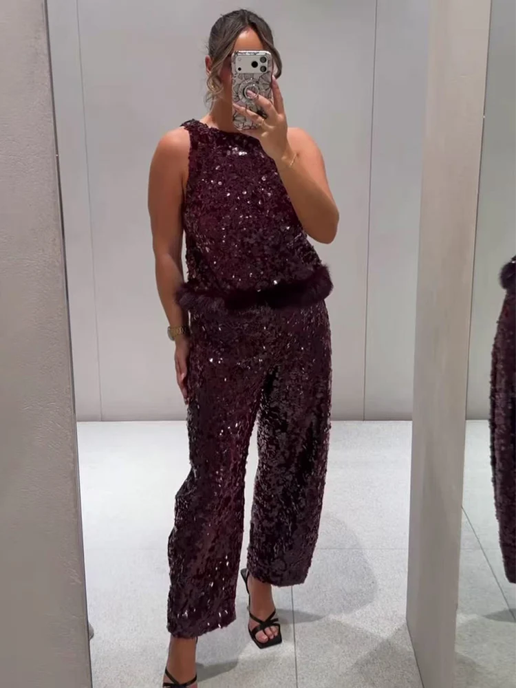 Women Sequins Vest Long Pant Set Chic Faux Fur Sleeveless Tank Top Shiny Straight Pants Female Elegant Club Holiday Outfits