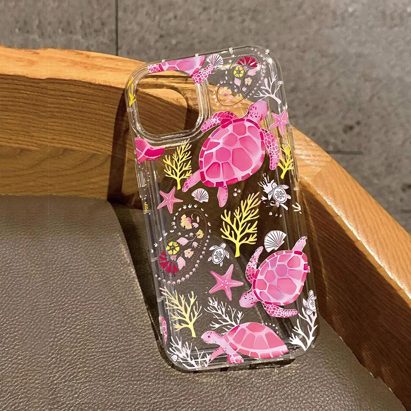 Chic Transparent Phone Case with Turtle Coral Seashell Design