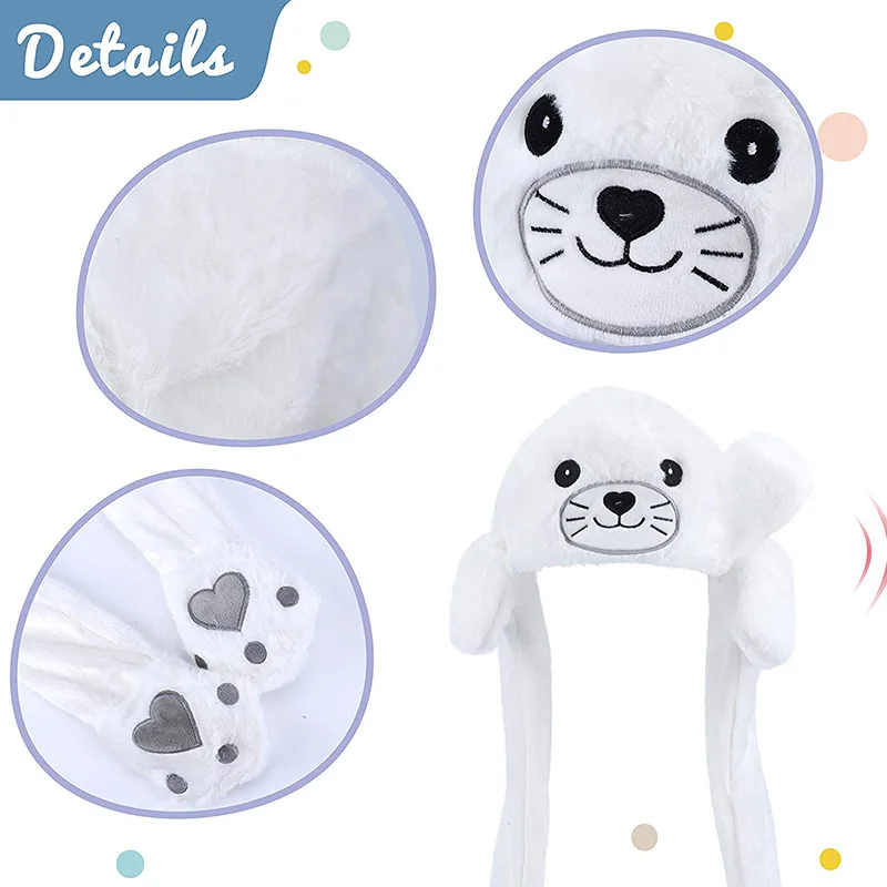 Seal Animal Ear Move Hat White Plush Bunny Ears Moving Jumping Up Toys Dress Up Funny Cosplay Party For Kids Christmas Gift party supplies,plush toys,plush hat toys