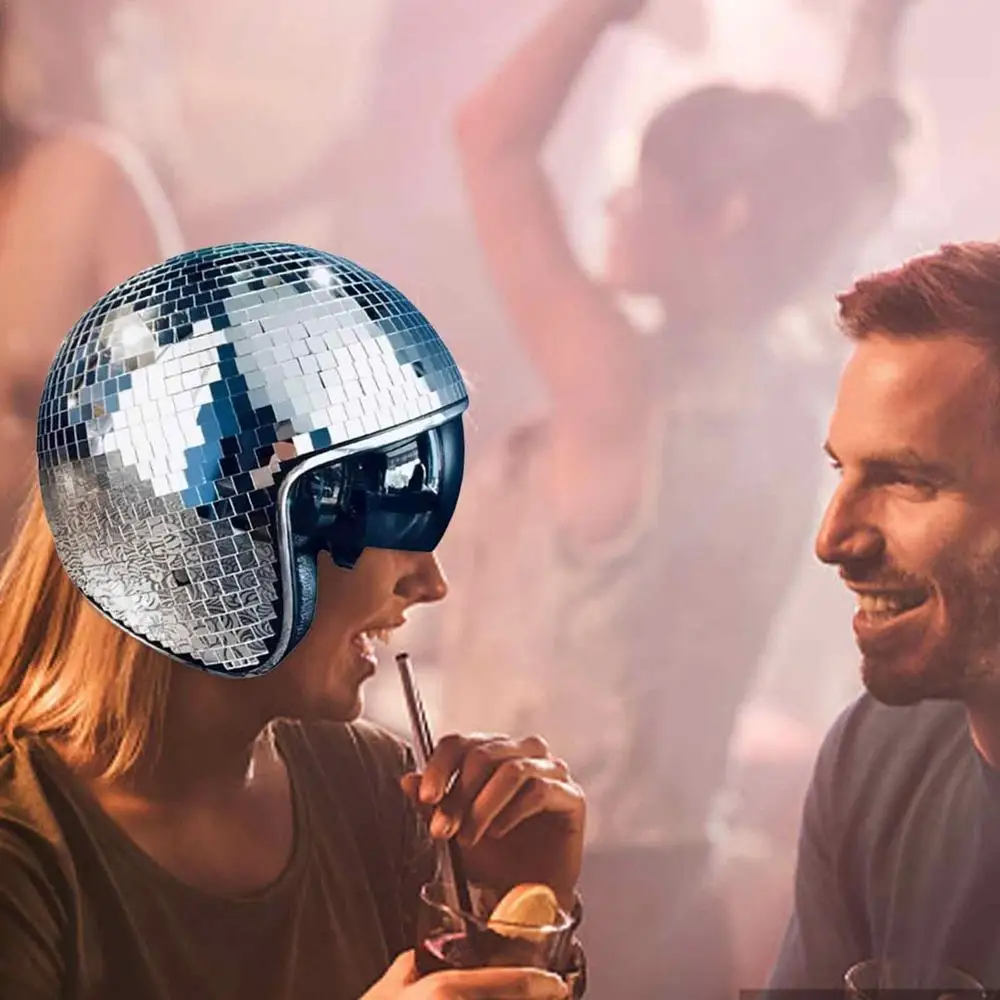 Description Picture 2 of itemDisco ball helmet with retractable sun visor Unique mirror glass disco ball hat for Bar DJ clubs Party Decoration