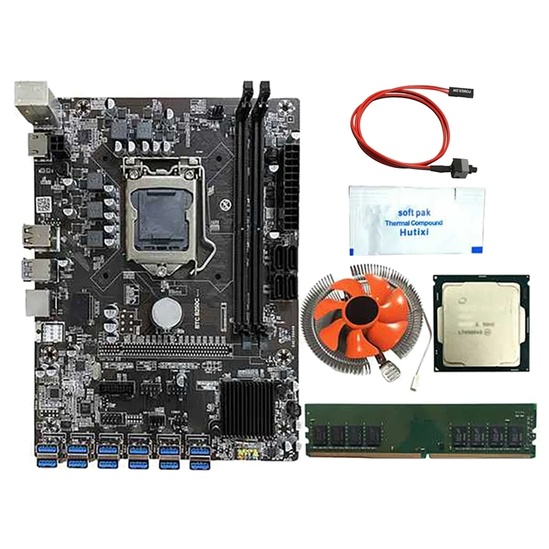 B250C BTC Mining Motherboard with G3930/G3900 CPU+8G DDR4 RAM+Fan+Switch Cable+Thermal Grease 12 USB3.0 LGA1151 SATA3.0 best pc motherboard brand