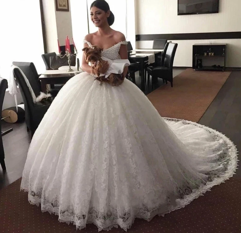 

Angelsbridep V-Neck Robe De Mariage Lace Ball Gown Wedding Dress Pearls Bridal Gowns Off the Shoulder Vestido De Noiva Casamento