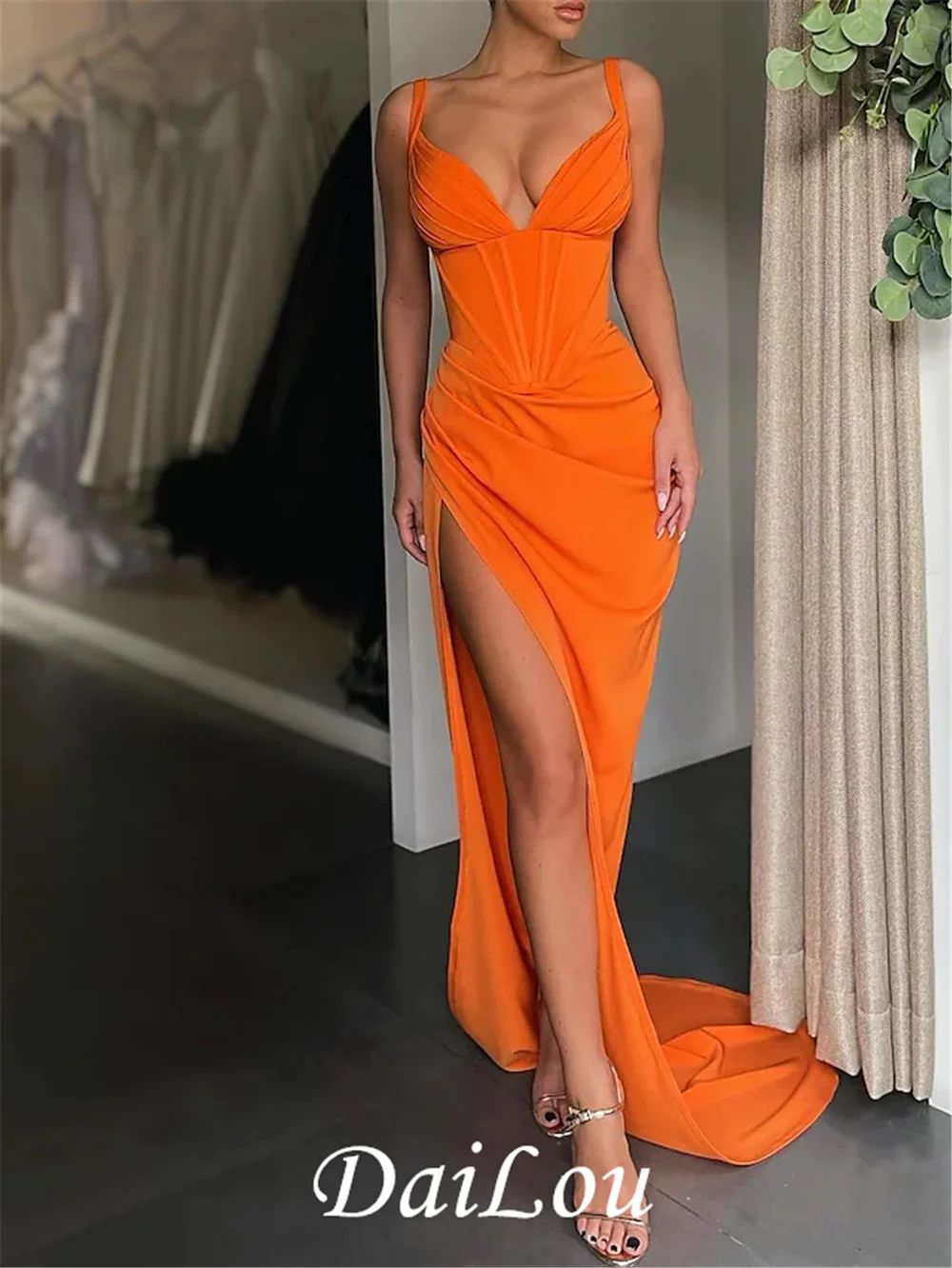 

Mermaid / Trumpet Evening Dresses Corsets Dress Formal Court Train Sleeveless V Neck Charmeuse with Slit Pure Color