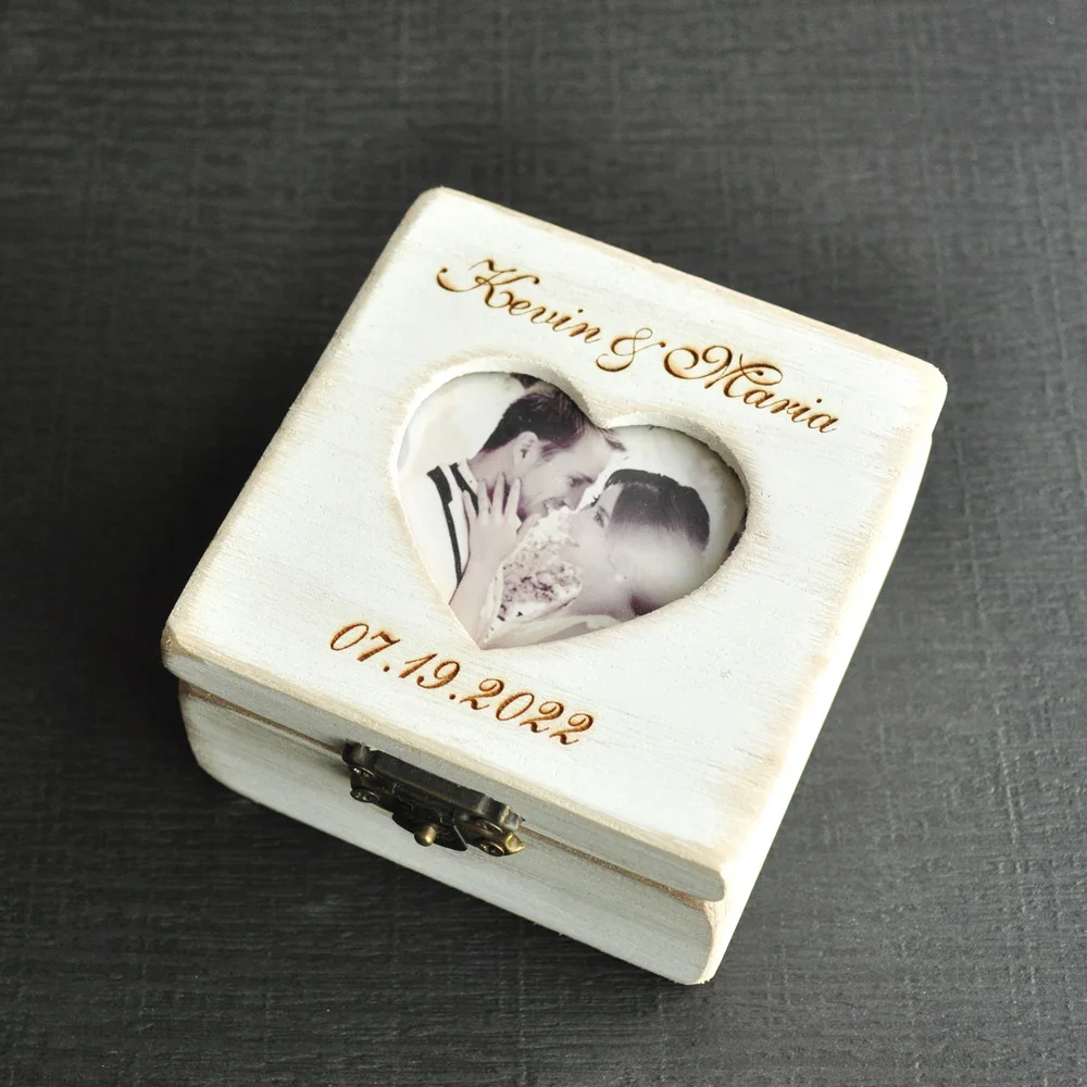 Custom Wedding Rings Box with Photo Wedding Rings Holder Engraved Vintage Wooden Ring Bearer Engagement Ring Pillow Memory Gift heart shaped ring box led light engagement rings storage box with fashion golden edge jewelry display case for necklace earrings