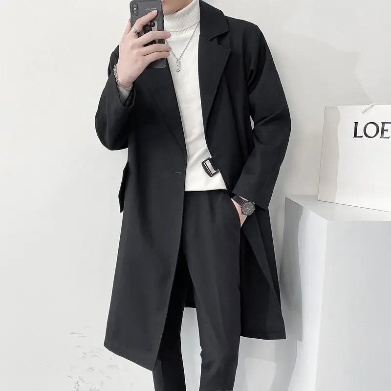 

Spring Autumn Outerwear Fashion Design Sashes Turn-down Collar Windbreaker Male Mid-long Loose Handsome Men's Trench Coat Q37