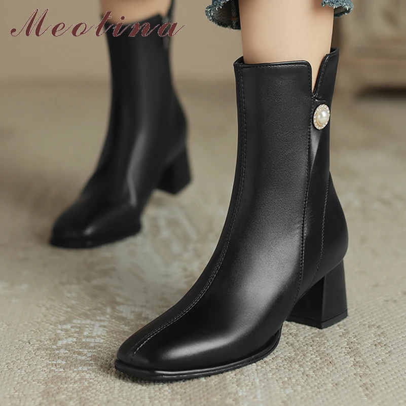 

Meotina Women Ankle Boots Square Toe Block High Heels Zipper Crystal Short Boots Ladies Fashion Shoes Autumn Winter Apricot 43