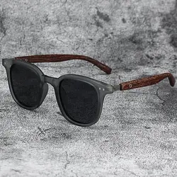 Chic Retro Wood Grain Square Sunglasses with UV Protection (Matte Grey Blue)