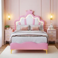 Lit pour enfants Superaly 90x200cm, lit de princesse avec tête de lit en forme de couronne, avec éclairage LED et sommier à lattes, cadre de lit simple 2