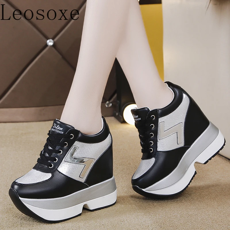 Fashion Women's High Platform Casual Sneakers Height Increasi Leathe Shoes 10 CM Thick Sole Trainers Tennis Sports women shoes,casual sneakers,women sneakers