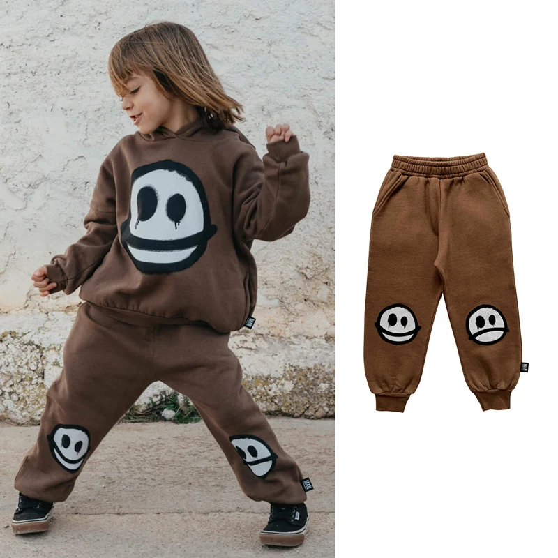 

Kids Pants 2023 Autumn New LMH Printed Happy Sad Sweatpants Brown Casual Cotton Pants for Autumn Clothes
