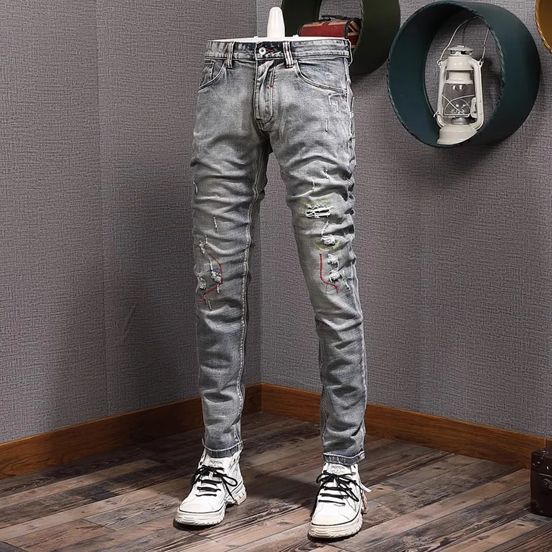 Fashion Vintage Men Jeans Retro Gray Blue Elastic Slim Ripped Jeans Men Embroidery Designer Trousers Trendy Denim Pants Hombre