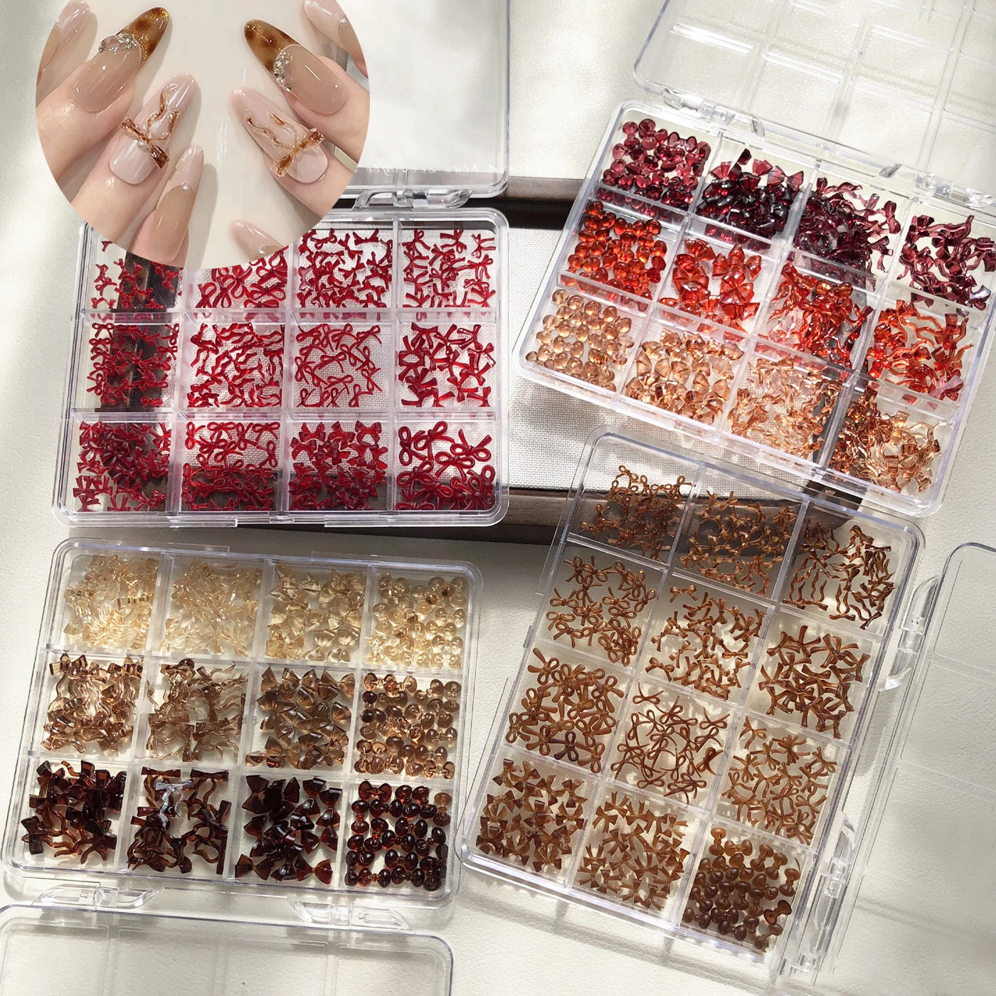 커피색 레진 리본 세트 나비 넥타이 리본 하트 나비 크리스마스 눈송이 라인스톤 네일 아트 액세서리 장식