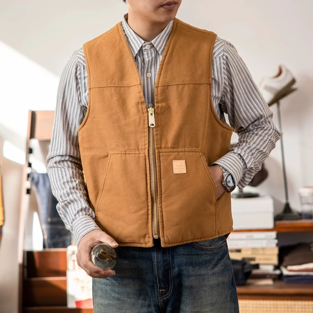 Red Tornado Washed Duck Sherpa Lined Work Vest Vintage Fashion Relaxed Fit Zip Waistcoat 2
