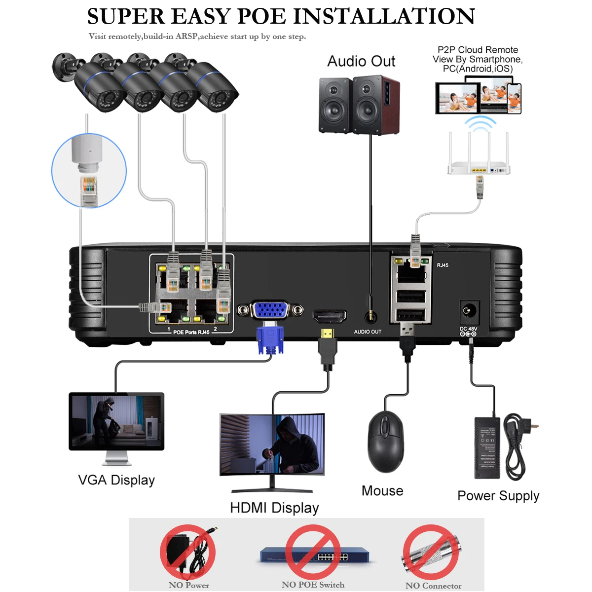 AZISHN 야외 야간 투시 오디오 8채널 8MP POE NVR AI 보안 IP 카메라 가정용 비디오 모니터링 키트