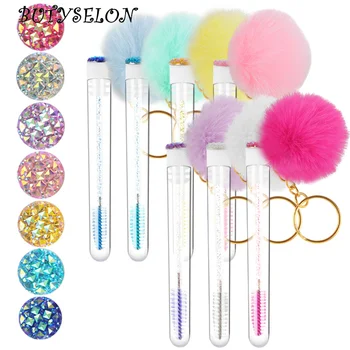 5pcs Gold Keychain Tube Eyelash Brush Eyebrow Comb Microbrush Lash Extension Micro Brushes Makeup Tool Fluffy Fur Ball Decorate 1