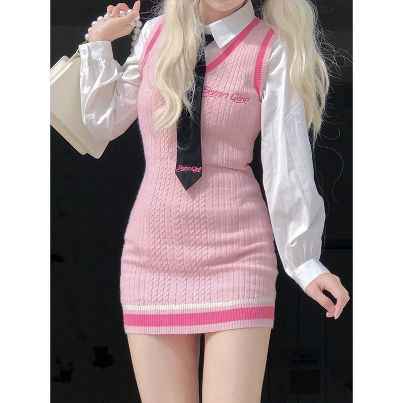 

Y2k Lolita Clothes Pink Sweater Dress Set Cute Outfits for Women Summer Sweetness Pink Women 2 Pieces White Crop Top Dresses