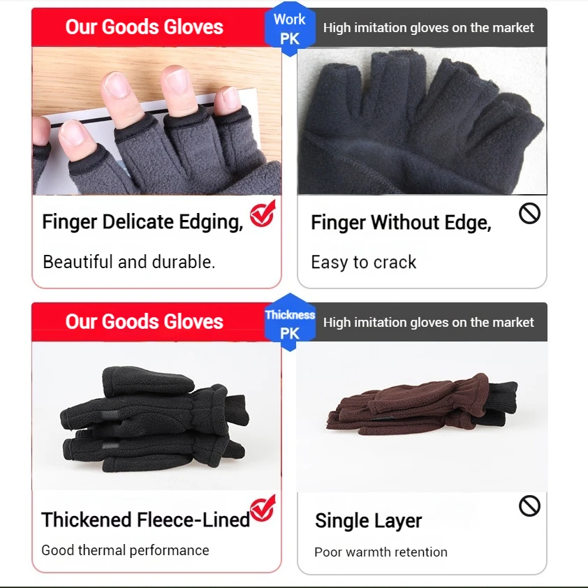 2 in 1 Winter Fleece Warm Thumb Flip Ski Gloves Fingerless Convertible Sport Mittens Windproof Running Cycling Gloves Men Women 6