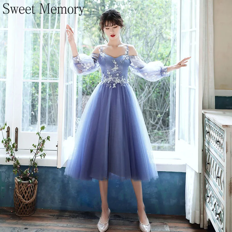 Bridesmaid Dresses A98118 Grey Blue Halter Girl Appliques Illusion Sleeves Lace Up Formal Wedding Party Prom Dresses