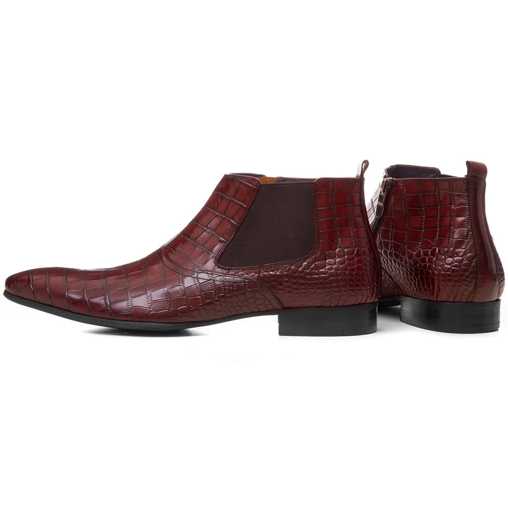 Men Crocodile Grained Retro Chelsea Boots Genuine Leather Business Dress Shoes
