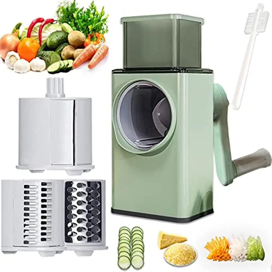 Rotary Cheese Grater Shredder Chopper Round Tumbling Box Mandoline Slicer  Nut Grinder for Vegetable, Hash Brown, Potato with 3 Sharp Drums Blades and