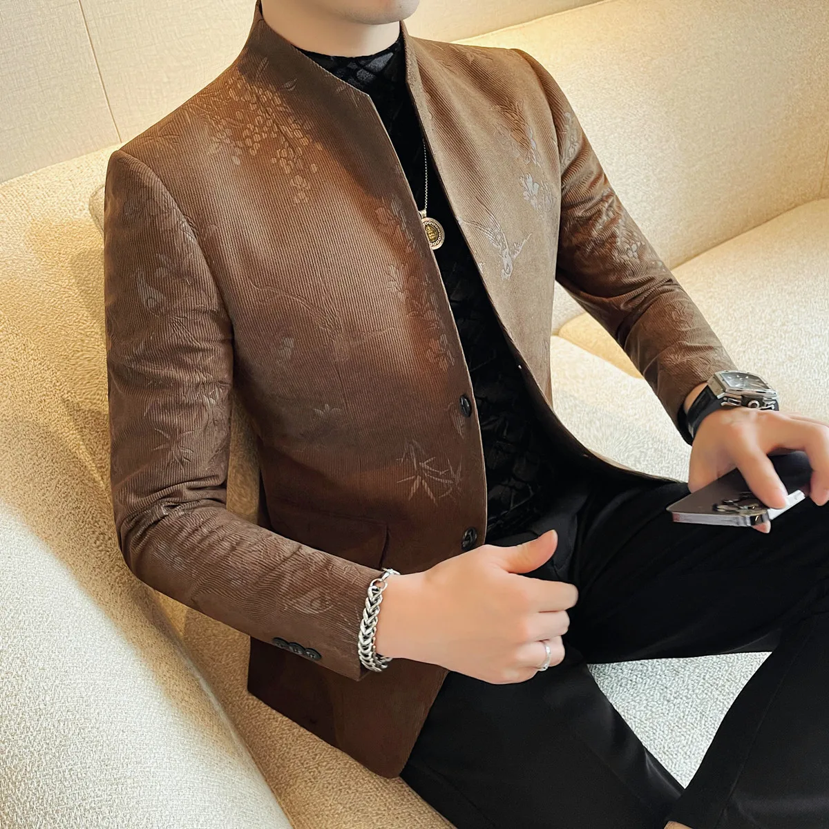 Men's New Chinese Stand Collar Blazer Jacket Fashion Elegant Printed Slim Fit Business Suits Jacket Tailcoat Men Clothing