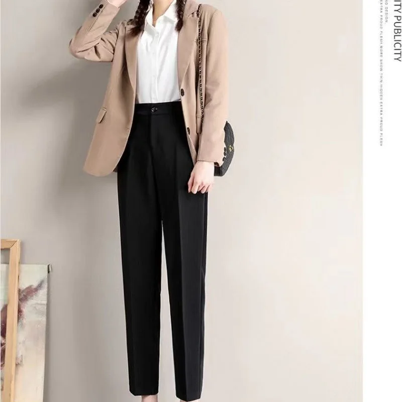 Fashion Office Pocket Black Loose Ankle-length Pants Women New High Waist  Korean Zipper Button All-match Lady Straight Trousers - Pants & Capris -  AliExpress