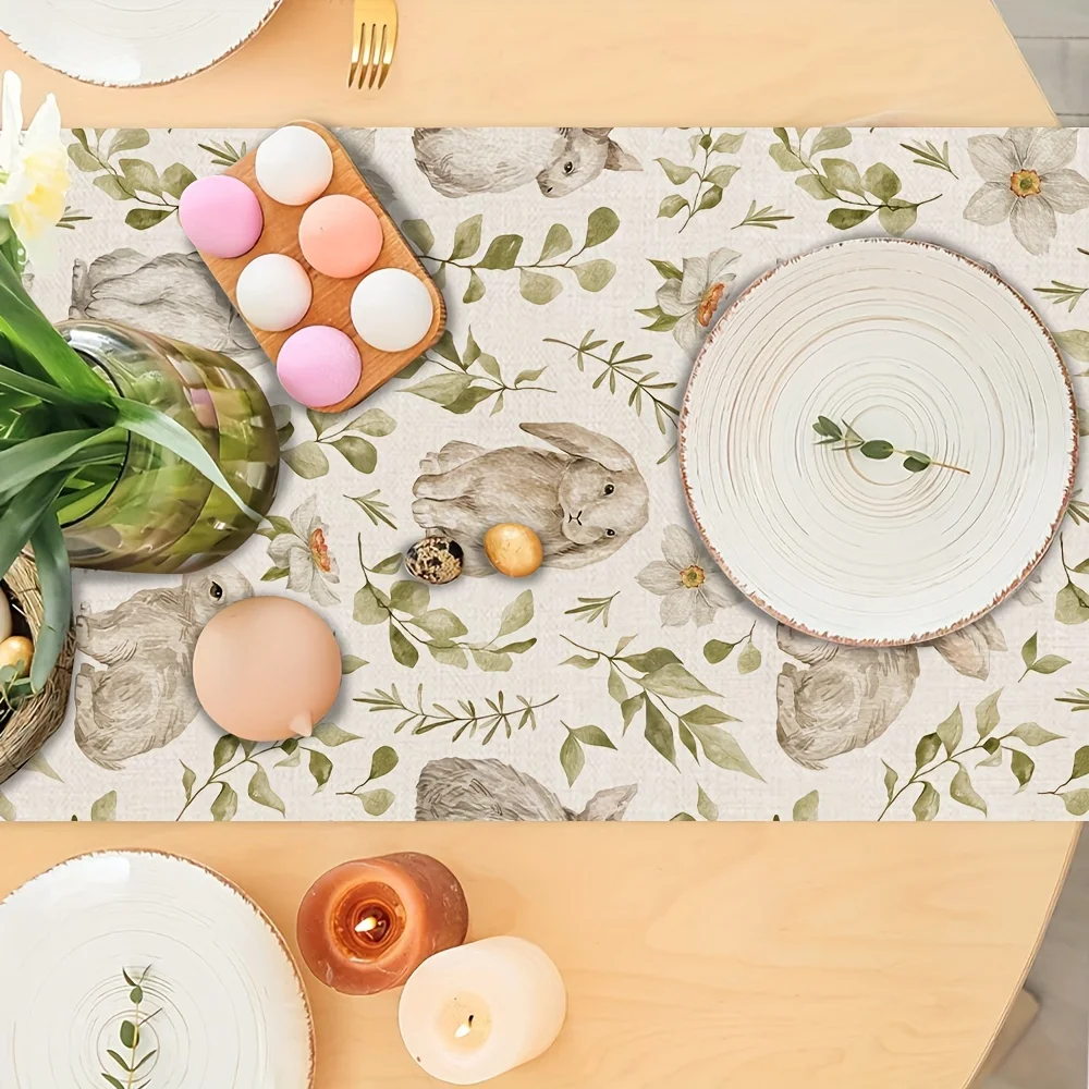 Easter Bunny Printed Linen Table Runner Holiday Party Decor Spring Flower Leaves Plants Table Runners Kitchen Dining Table Decor 3