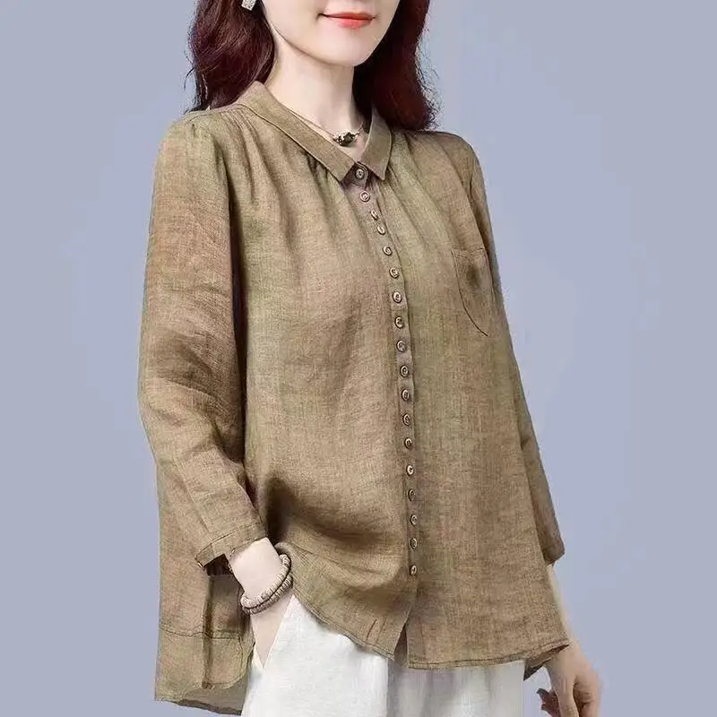 Spring Autumn Vintage Cotton Linen Cardigan Shirt Ladies Elegant Long Sleeve Buttons Top Women Comfortable Loose Casual Blouse