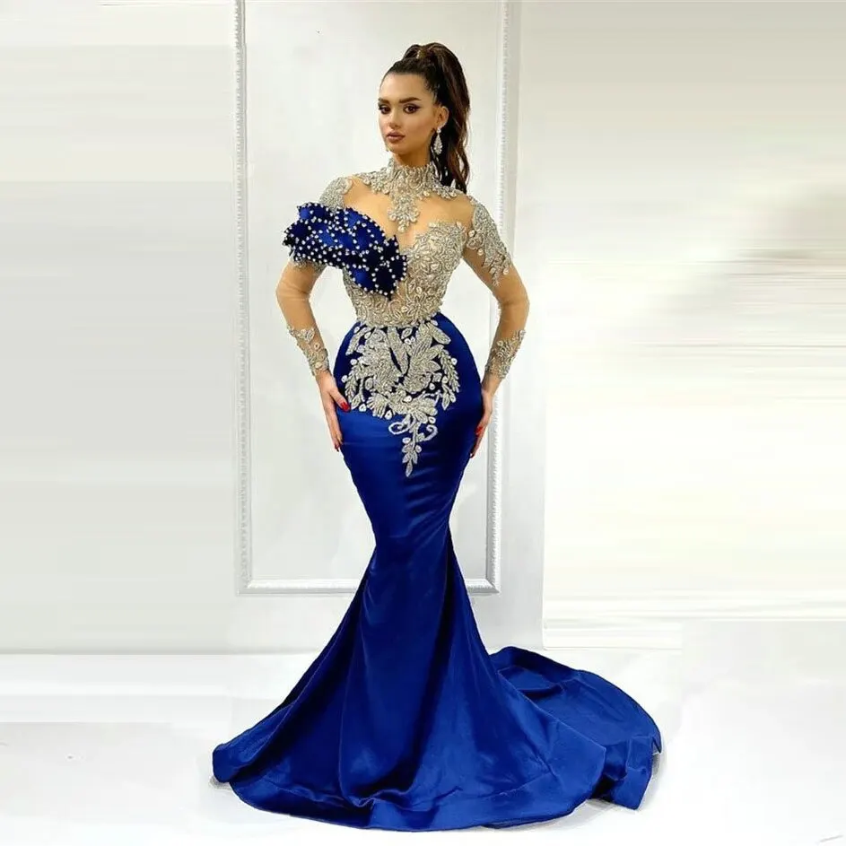 

Luxury Dubai Saudi Arabic Lace Mermaid Wedding Dress Sexy Illusion Long Sleeve Bride Dresses Crystals Beads Wedding Gowns