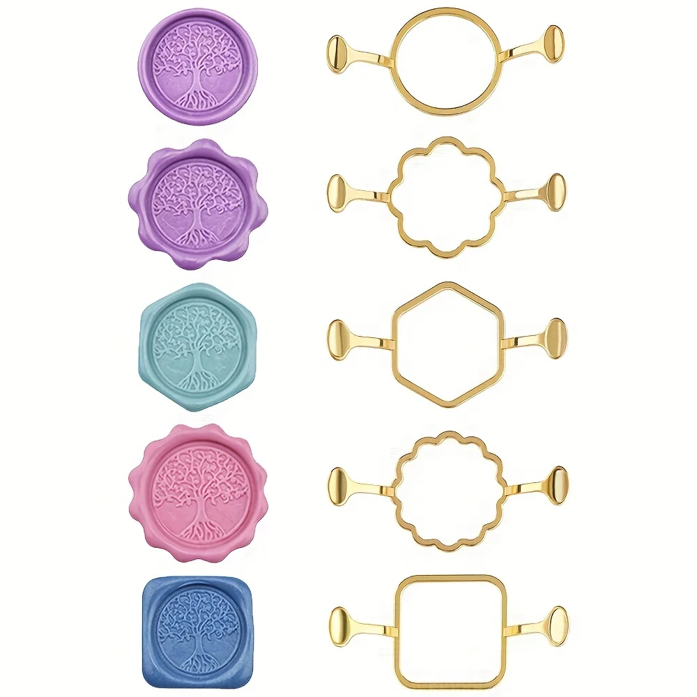 5-Pack Hexagon Square Metal Wax Seal Kit 1 Inch Wax Seal Stamp Round and Flower Metal Molds Sealing Kit wax seal kit