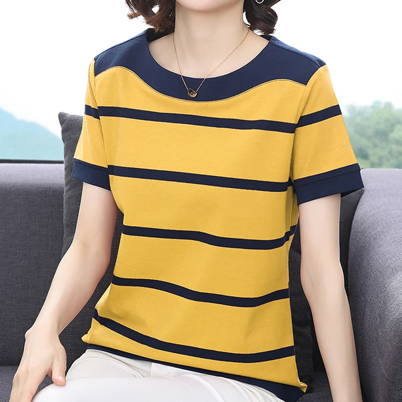 

Cotton Short Sleeve T Shirt Women 2023 Summer Casual Loose Tops Womens Clothing O Neck Striped Tshirts Female Tee Shirt Femme
