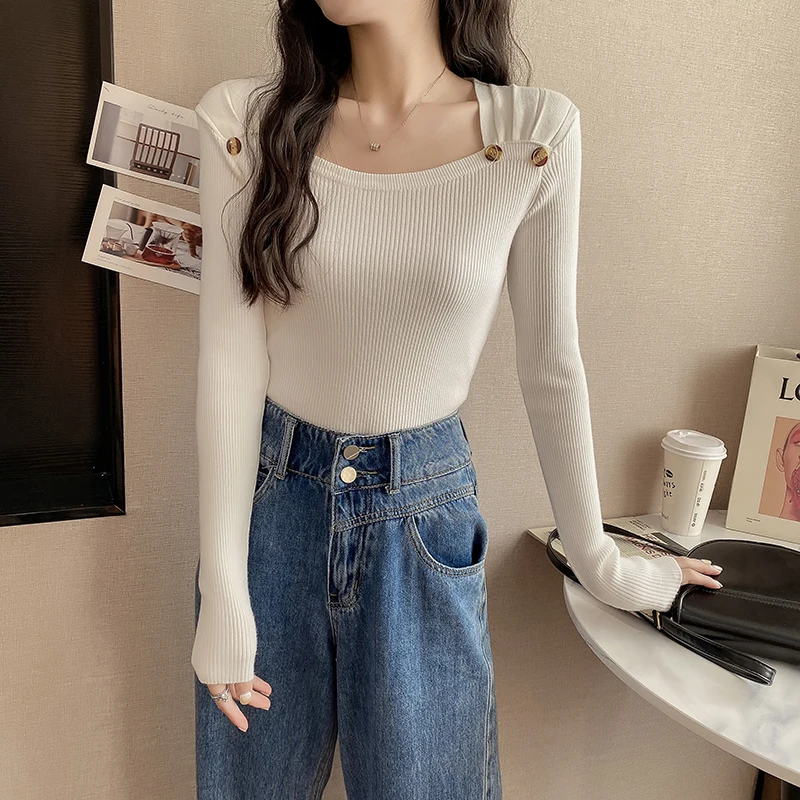 cute sweaters Spring Casual Long Sleeve Women Pullovers Sweater autumn square collar buttons Knitted Sweaters Korean Style Slim pink Knitwear pink cardigan Sweaters