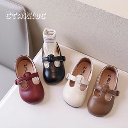 T-Strap Mary Jane Shoes For Kids 2024 Spring New Leather Loafers Baby Girls Retro Concise Round Toe Ballet Flats In Burgundy