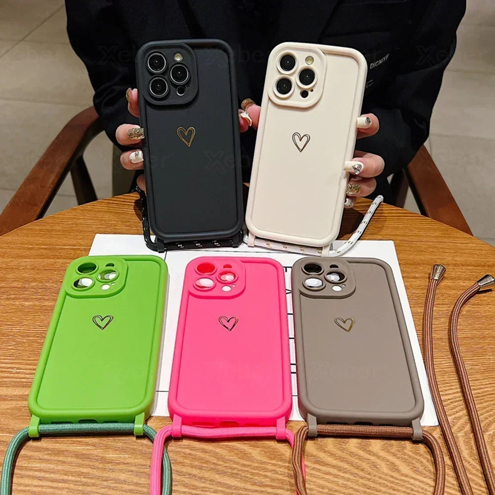 Elegant Love Heart Silicone Phone Case with Crossbody Necklace Strap