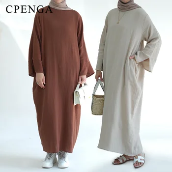 Cotton Muslim Long Dress for Women Plain Abaya Dubai Arabic Turkey Modest Dresses Femme 2023 New Eid Ramadan Islamic Clothing 1