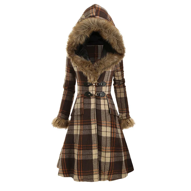 Women's Autumn And Winter Plaid Long Padded Jacket Hooded Fur Alloy Buckle Slim Woolen Women's Jacket down coats & jackets Coats & Jackets